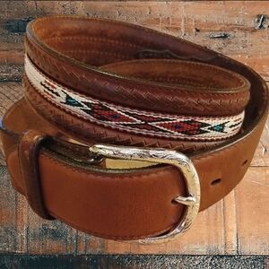 Silver Creek Mens Western Belt 30 Brown Leather Southwestern Woven Inlay
